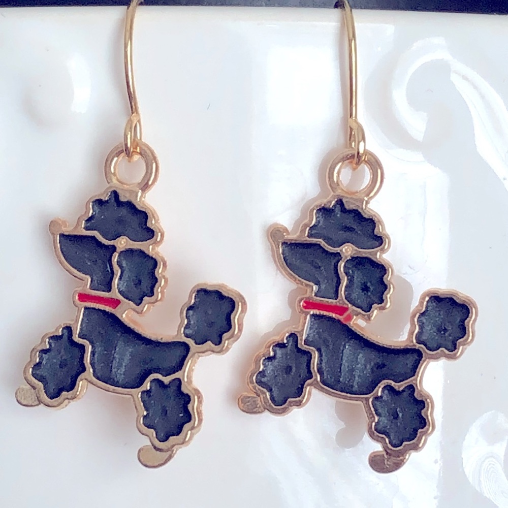 New Poodle Puppy Dog Dangling Enamel Handmade Earrings Black Cute Animal Gifts